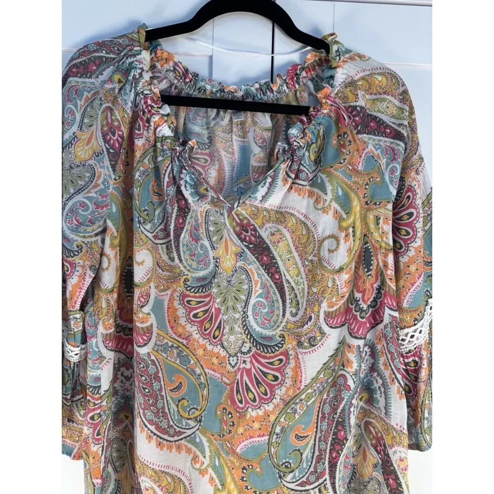 Spense Top Womens M Bell Sleeve Crochet Ruffle Paisley Boho Gypsy Peasant Indie - Picture 2 of 7